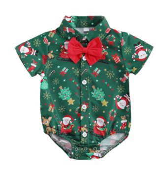 Baby Christmas Shirt Romper with Bow Tie - Green